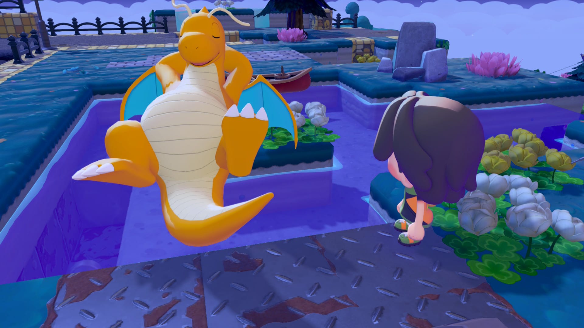 Un dragonite echándose la siesta en el aire con el ditto mirando